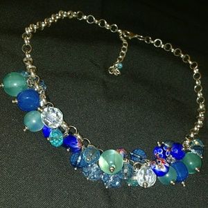 Round Blue Crystal Sphere Bead Silvertone Necklace